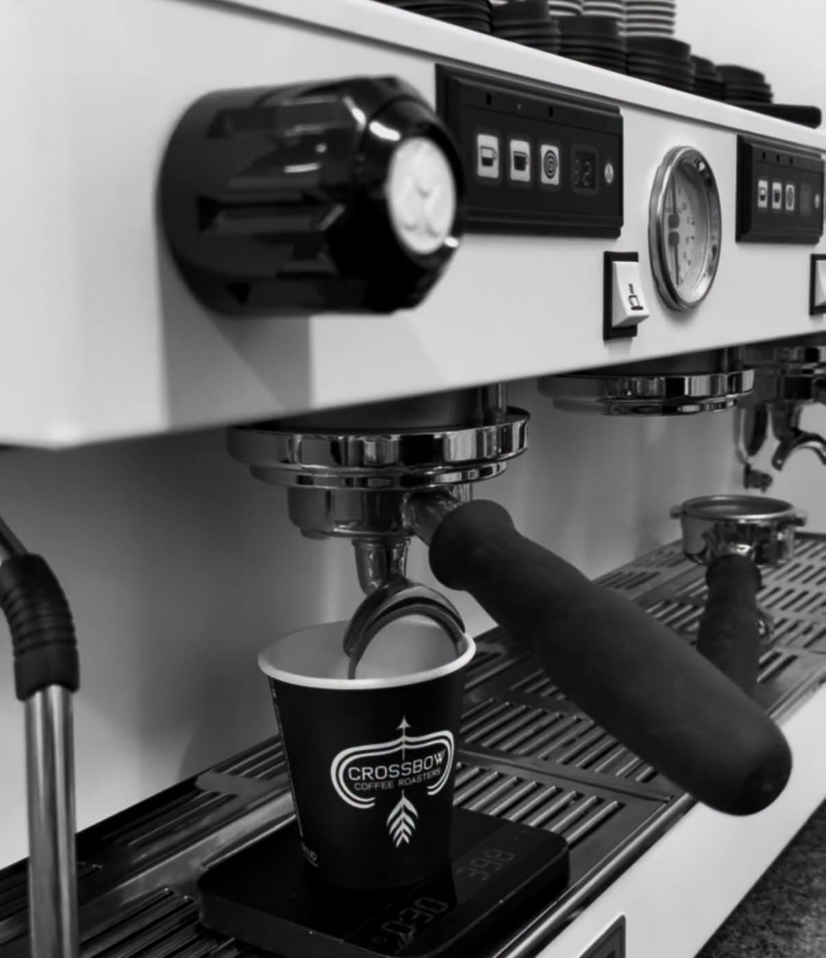 Coffee being prepared on the Crossbow Coffee espresso machine